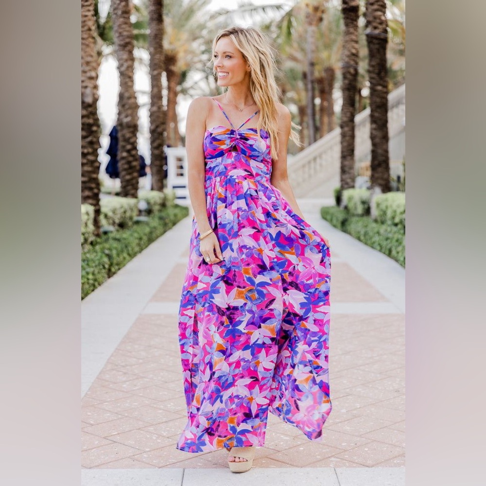 Pink Lily "On The Coast" Purple Pink Tropical Maxi Dress – XL